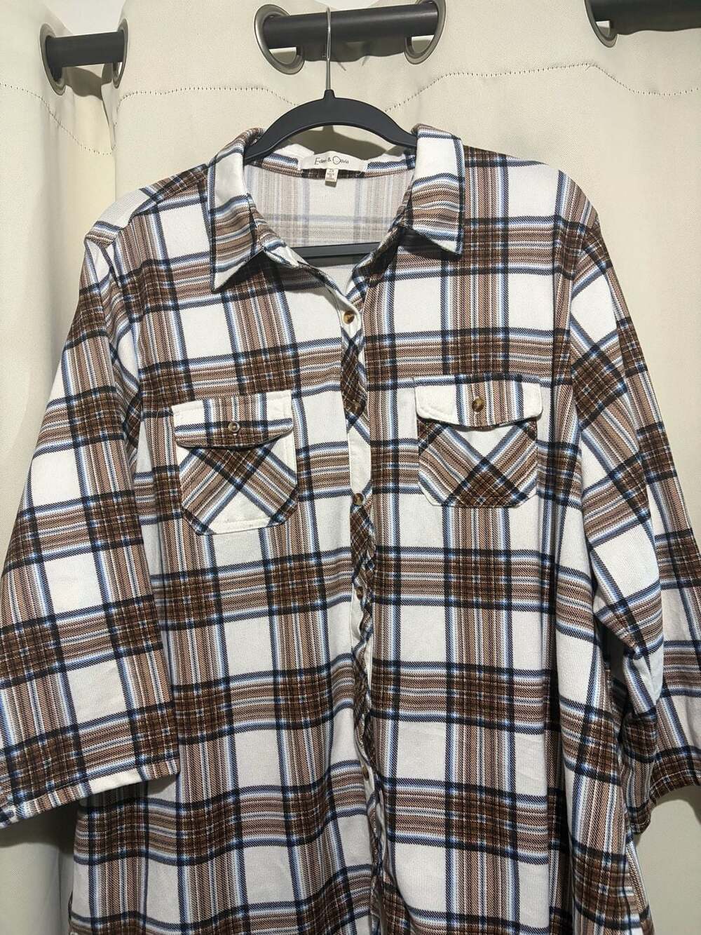 Eden & Olivia Women's Plaid Button-Down Long Sleeve Shirt, Brown and White, 2x